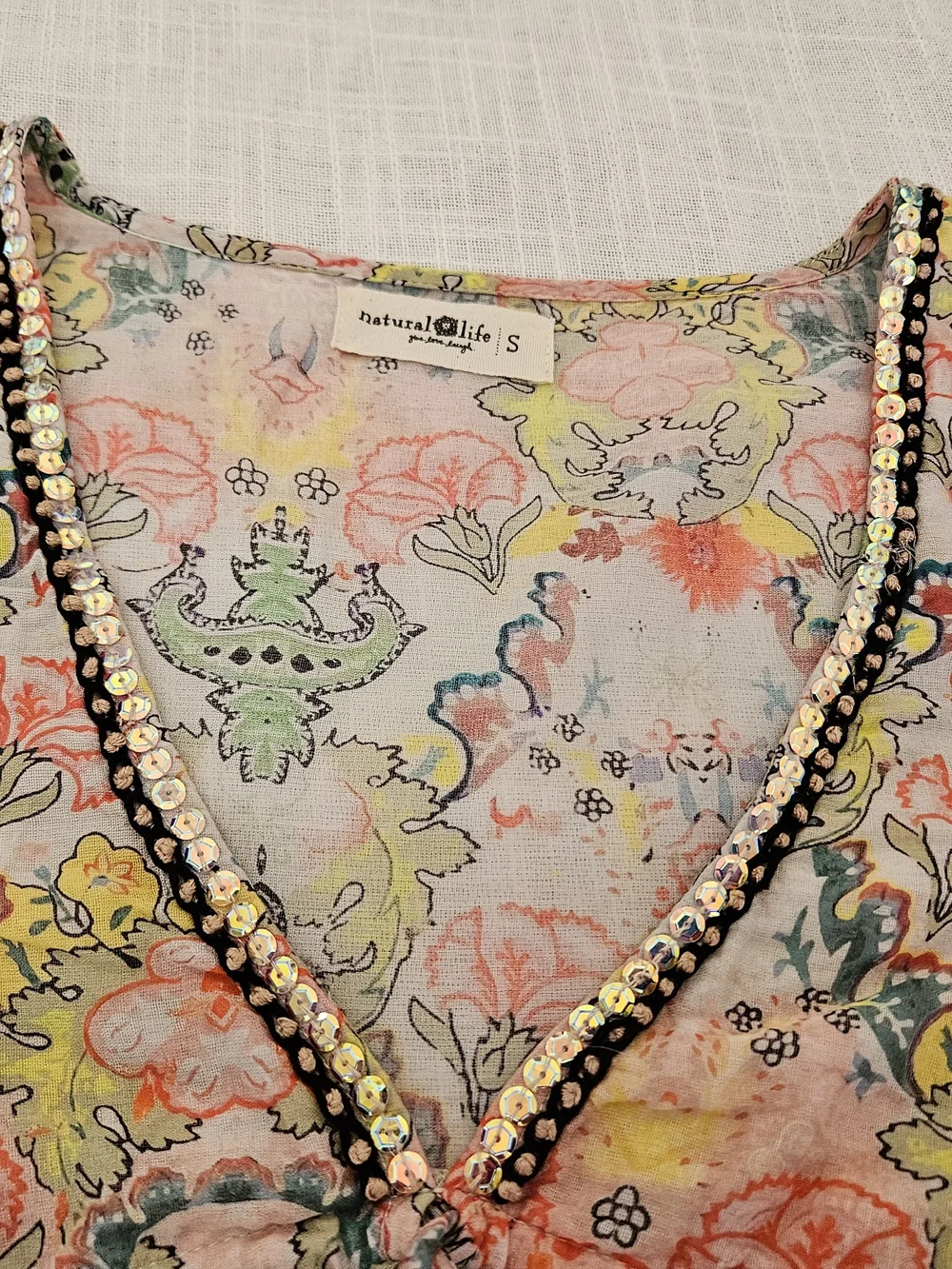 Natural Life Boho Floral Paisley Peplum Blouse S Cotton V-Neck Sequin Trim Bell - Picture 14 of 15
